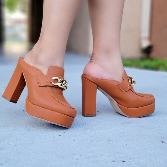 Shoes - Women Platform Heeled Mule Open Loafers Tan Color
